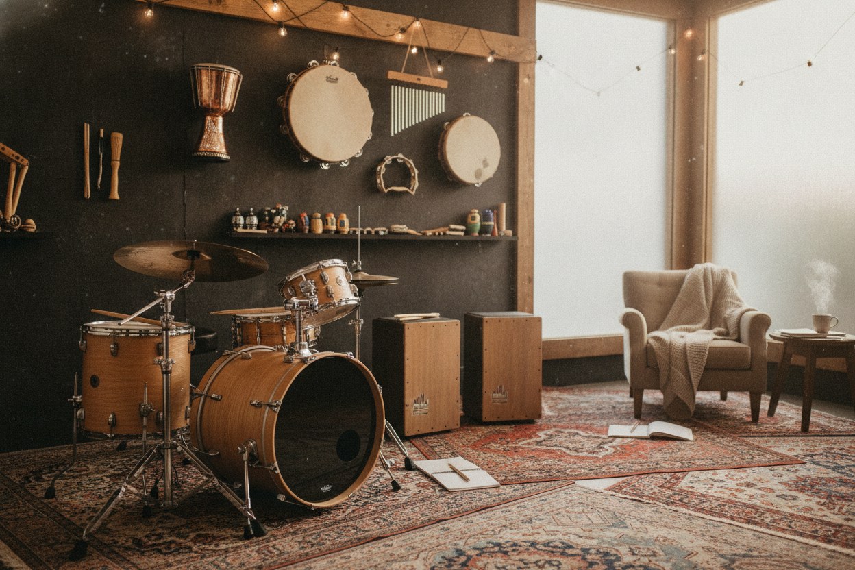 Ritimhane'nin iç mekânı: akustik davul seti, cajón'lar ve duvarda asılı perküsyon enstrümanları